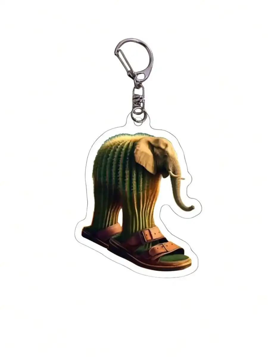 Divertente Portachiavi in Acrilico a Forma di Elefante Astratto e Cactus per Borsa, Telefono, Decorazione Auto
