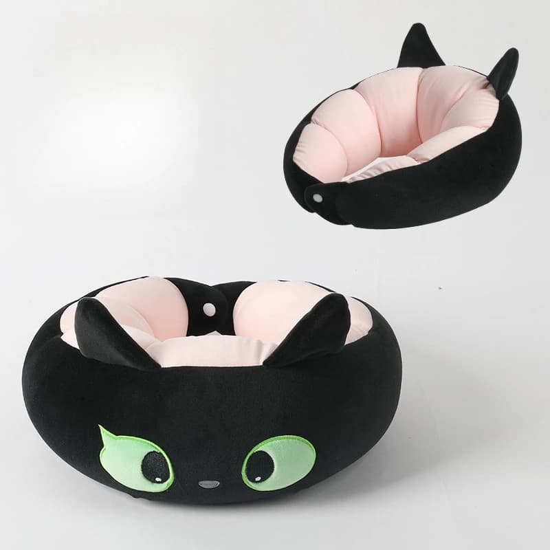 Cuscino a U con Cappuccio a Forma di Gatto Cartoon, Cuscino da Viaggio Morbido in Schiuma per Riposo in Ufficio