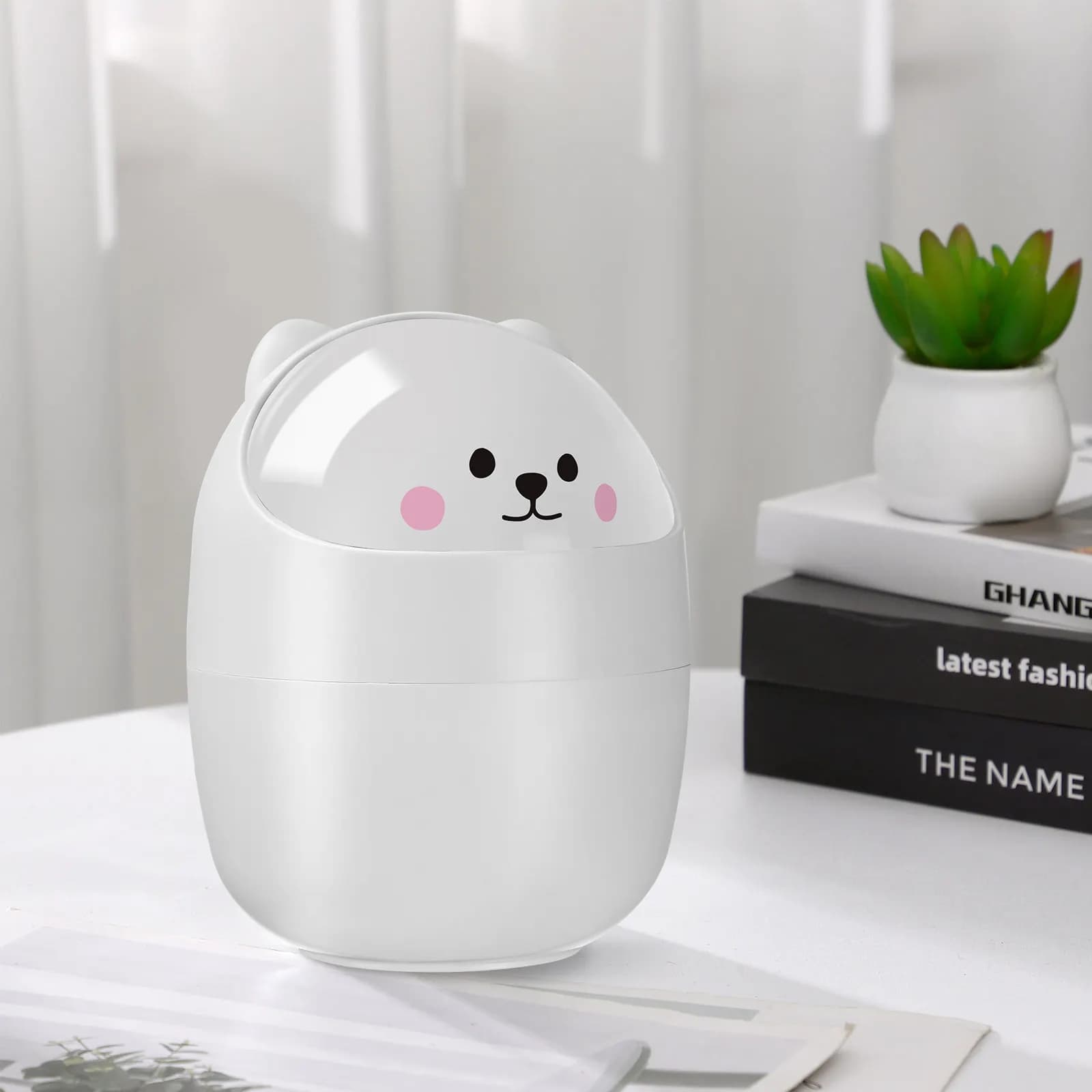 Mini cestino da scrivania da 2 pezzi, adorabile cestino per rifiuti a forma di gatto con coperchio a conchiglia, piccolo cestino per rifiuti da tavolo, per ufficio, bagno, piano di lavoro