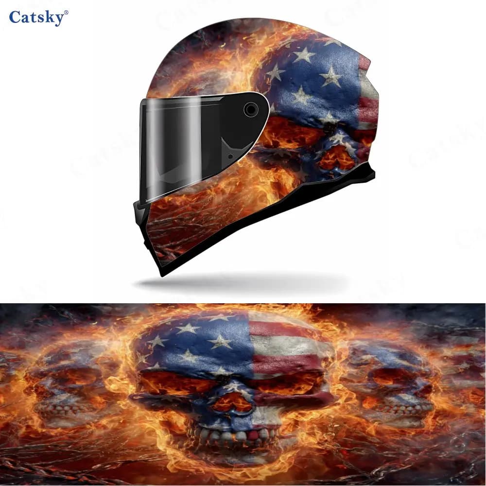 Adesivo per casco integrale con teschio di fiamma elemento bandiera americana, materiale in PVC resistente, modello estetico artistico Hel da corsa per motociclisti