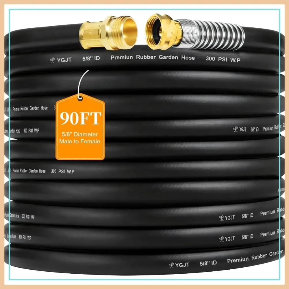 Tubo da Giardino in Gomma Rinforzata 5/8" x 90FT, Resistente a 300 PSI in Lavoro, 1100 PSI a Rottura, Anti-Piega con Raccordi in Ottone Massiccio, Per Tutte le Condizioni Atmosferiche
