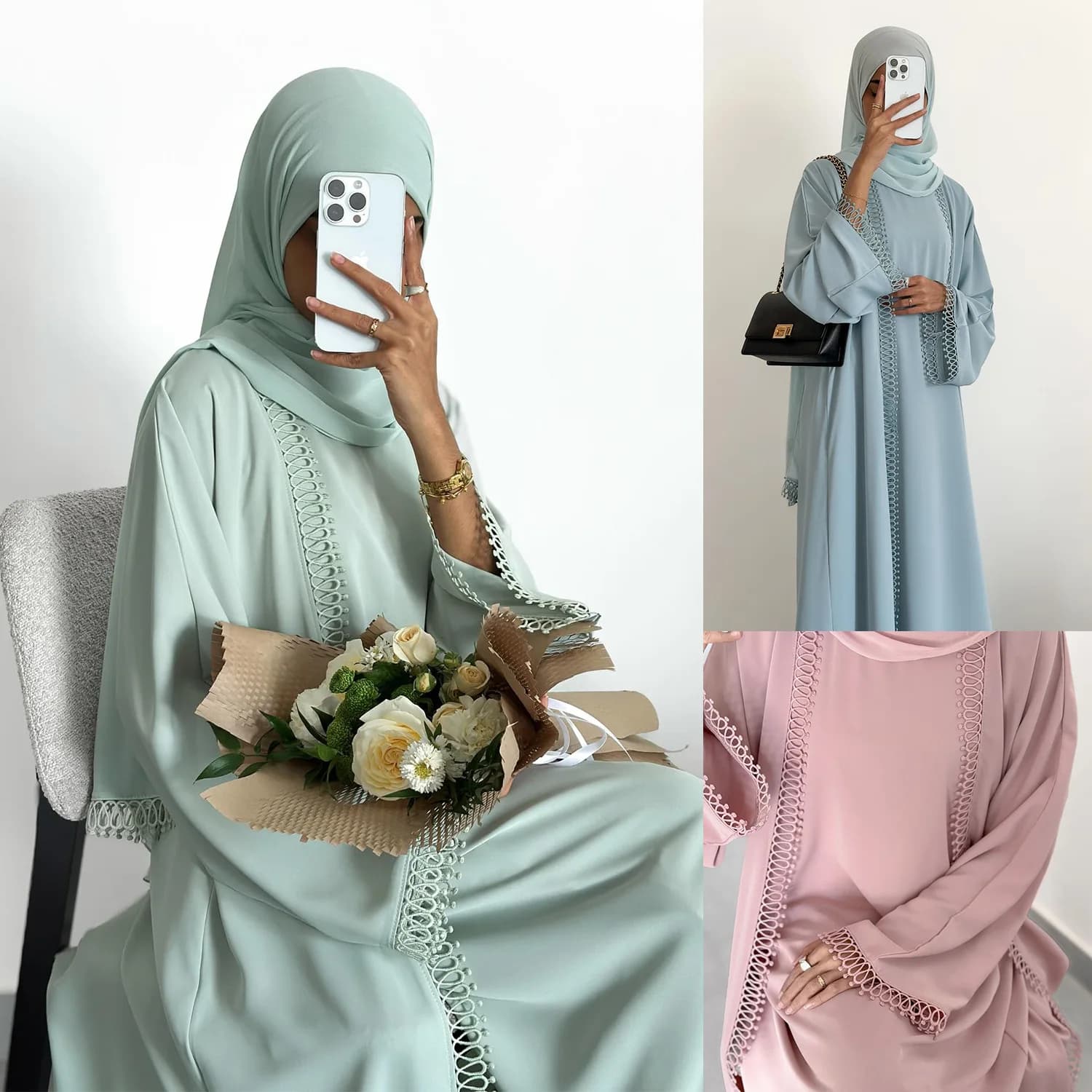 Abito Eid, Completo Abaya 2 Pezzi, Vestiti Musulmani da Donna, Cardigan in Pizzo Nida, Abaya per Ramadan, Dubai, Festa, Kaftan, Vestiti Jalabiya