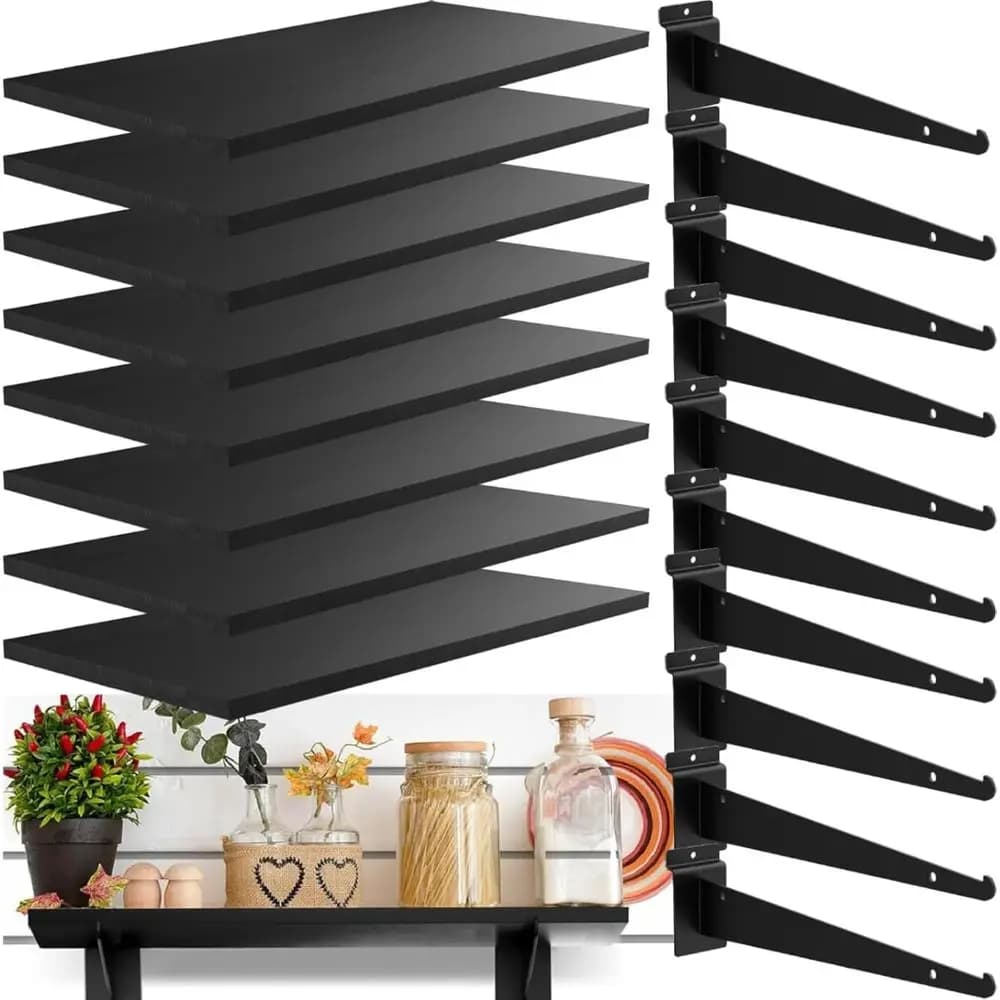 Set of 8 Wooden shelves for Slatwall, 23.6"D x 11.8"W, with Metal Supports, Organizer Seamless Wall