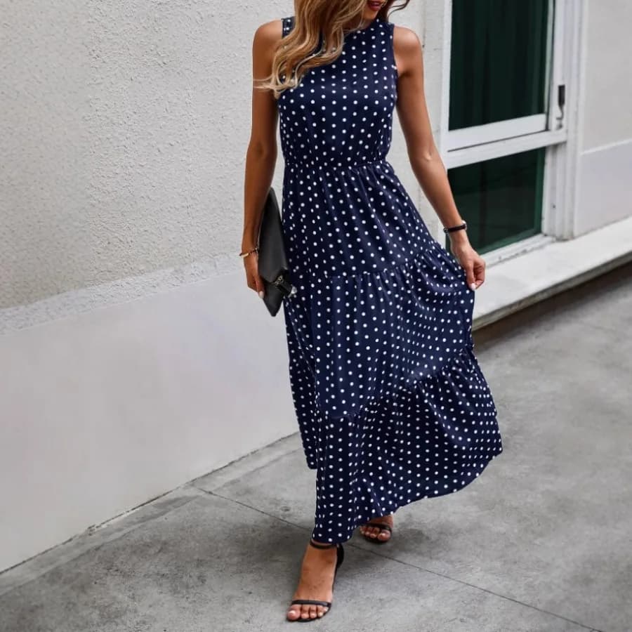 【Nuovo stile】- abito da donna alla moda con stampa a pois, design a strati, senza maniche, senza cintura