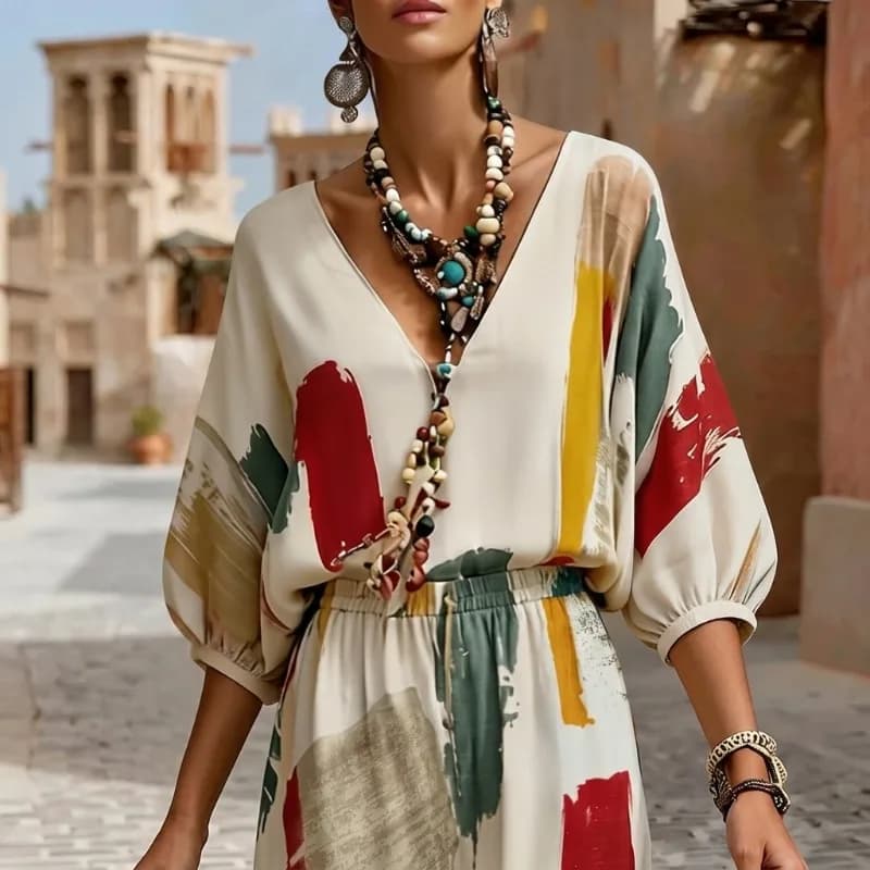 Yeezzi Women's Trendy Contrast Color Printed V-Neck Matching Blouses 2026 New Loose Puff Sleeves Casual Vacation T-shirts Tops