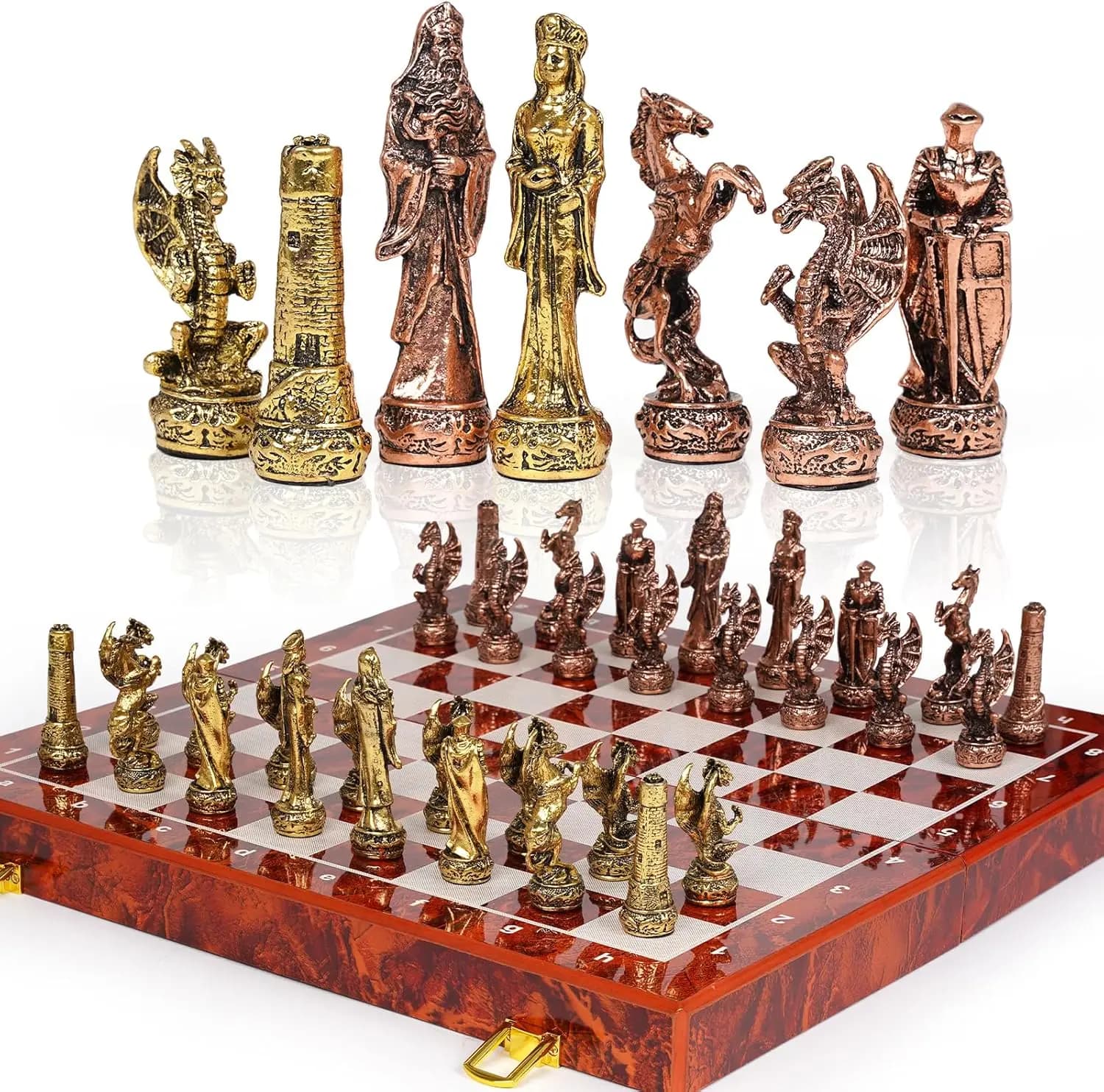 Vintage Metal Chess Set - 15'' Wooden Board with Pieces, Travel Game for Adults & Kids