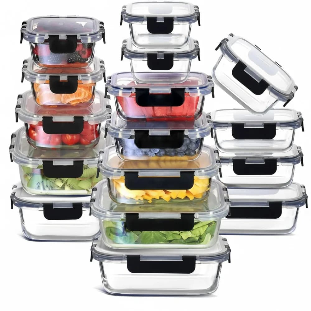 Contenitori per alimenti in vetro da 32 pezzi con coperchi, contenitori ermetici per la preparazione dei pasti, contenitori per il pranzo sicuri per forno a microonde e congelatore