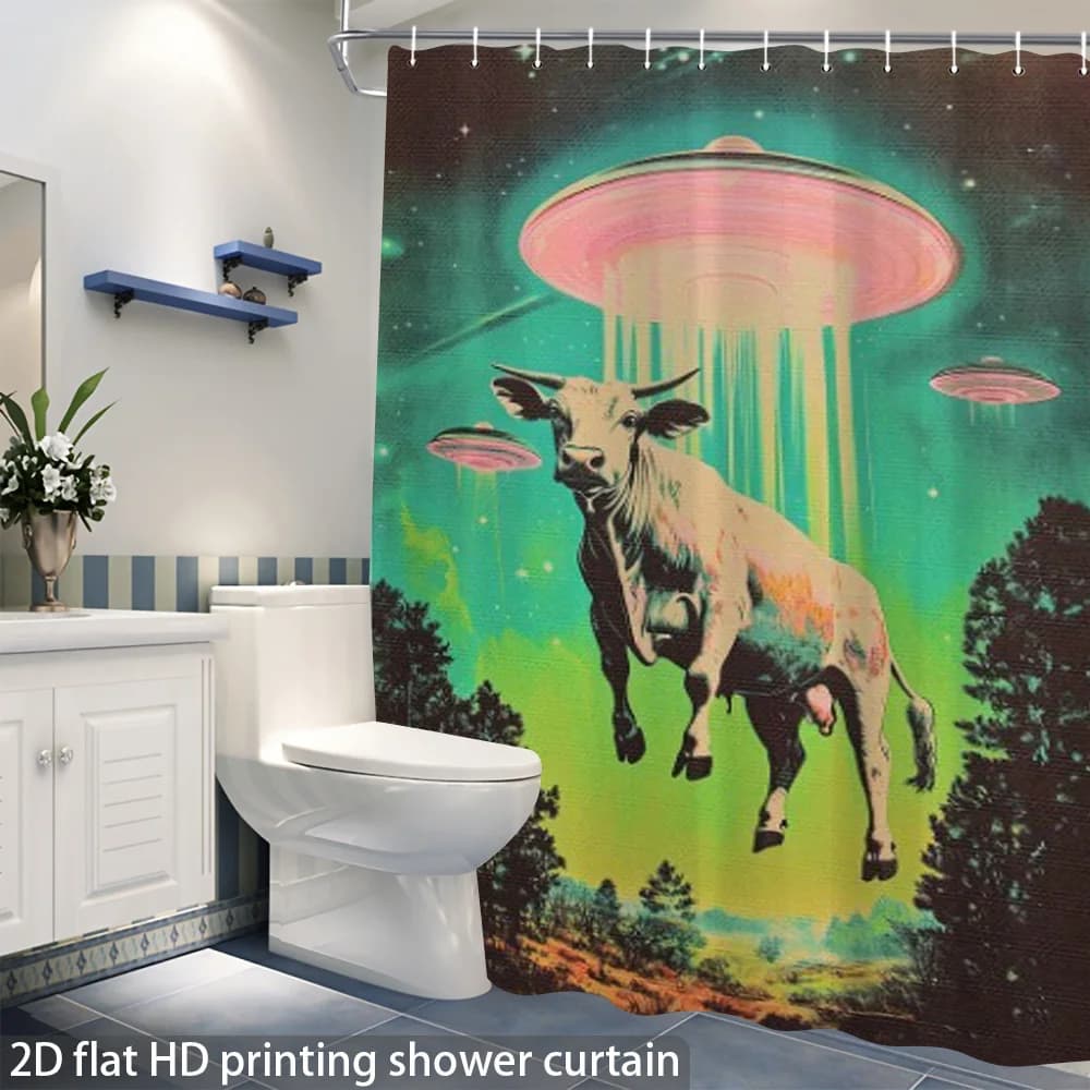 Retro Sci Fi Space Cow UFO Shower Curtain Print Waterproof Bathroom Decor Art Pop Art Neon Poster