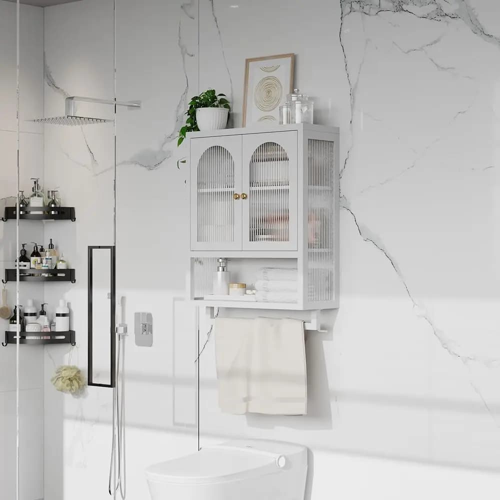 Armadietto da Bagno in Metallo con Porta in Vetro Scanalato e Portasciugamani, Armadietto a Muro Sopra il WC per Bagno Moderno