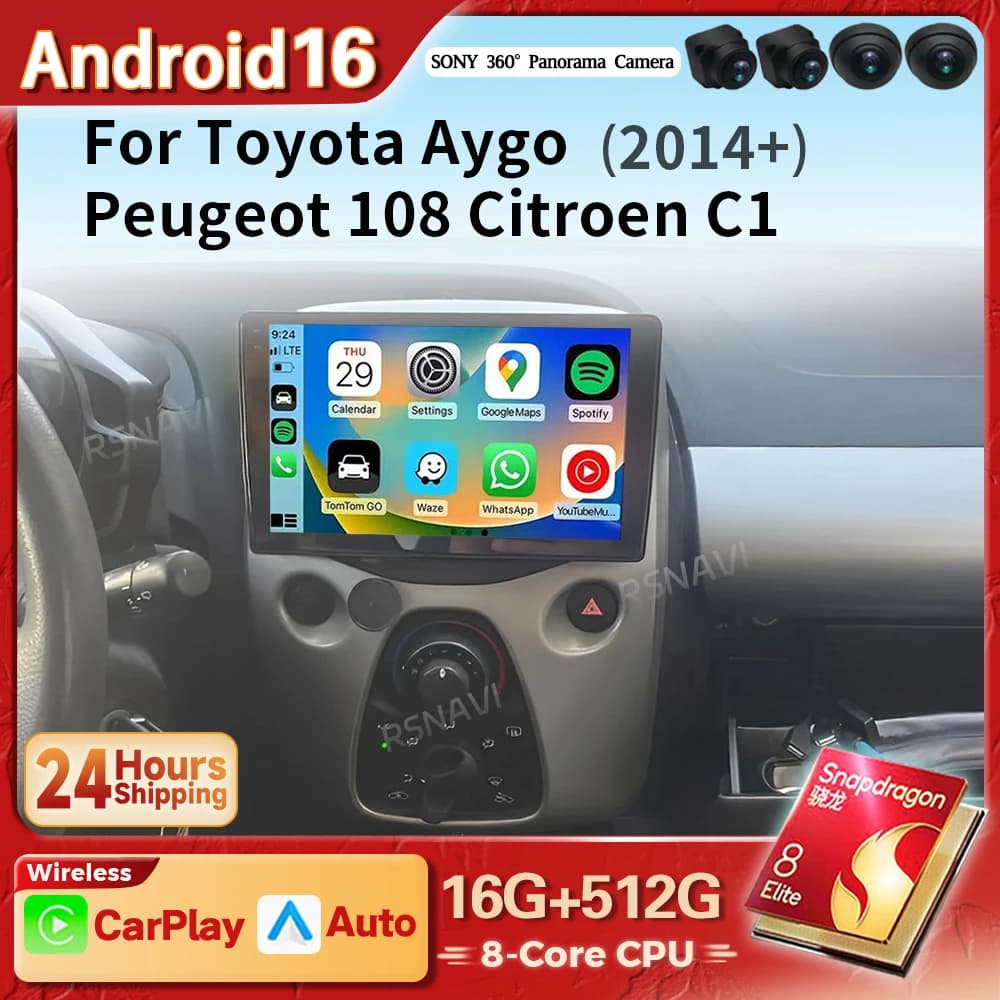 Qualcomm Android 16 Carplay Auto 2K Screen Car Radio Multimedia Player For Toyota Aygo Peugeot 108 2016 Autoradio BT Stereo 2din