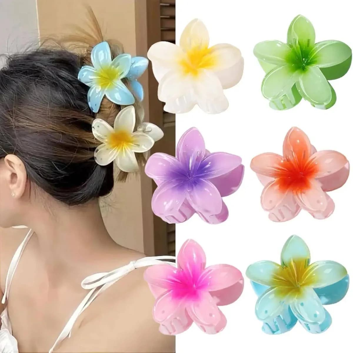 Set di 6 Eleganti Fermagli per Capelli in Acrilico a Forma di Plumeria, Grandi Clip Colorate Hawaiane per Donne, Presa Forte per Matrimoni, Feste, Spiaggia