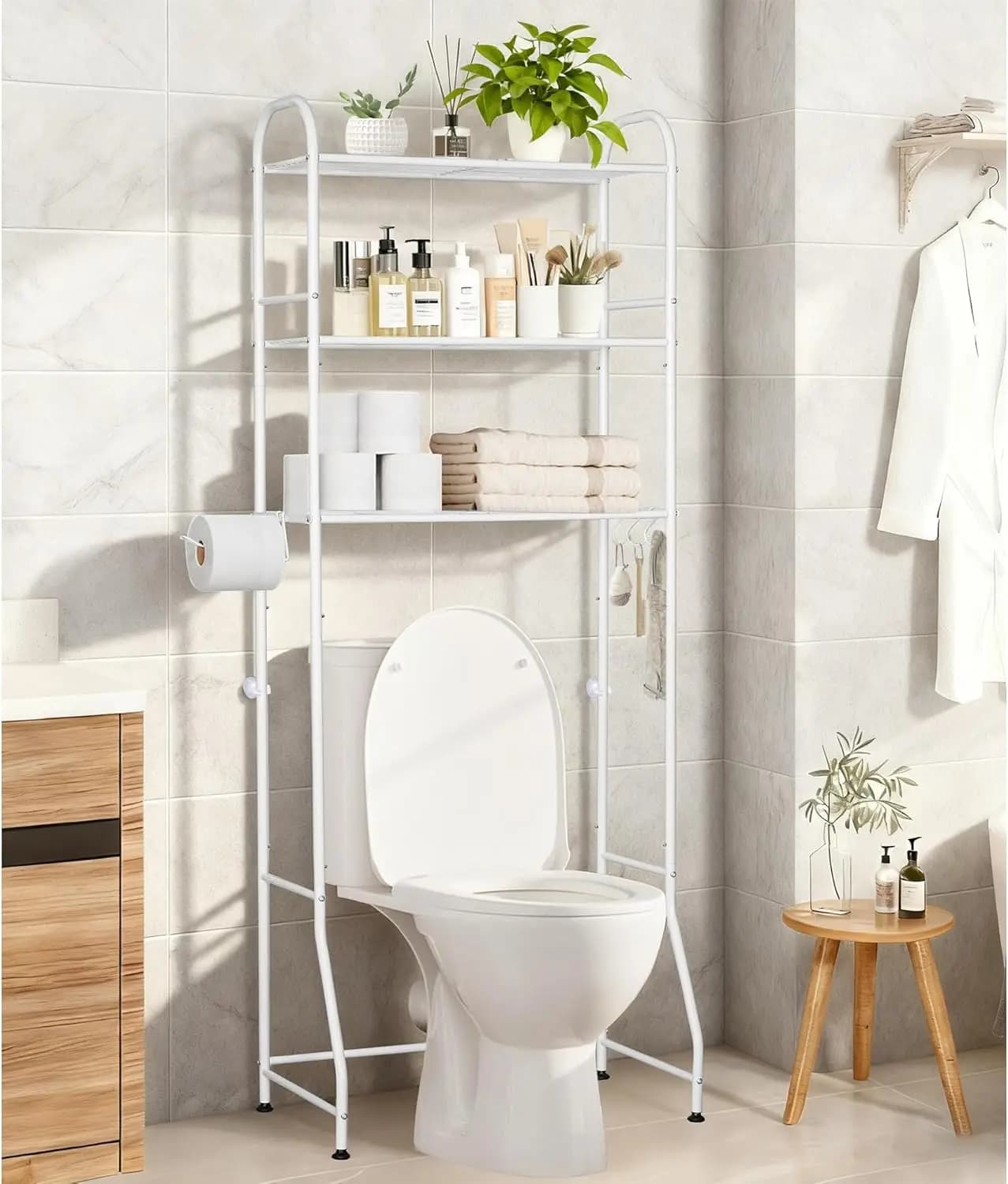 Scaffale portaoggetti a 3 livelli da posizionare sopra il WC - Organizzatore da bagno autoportante con porta carta igienica
