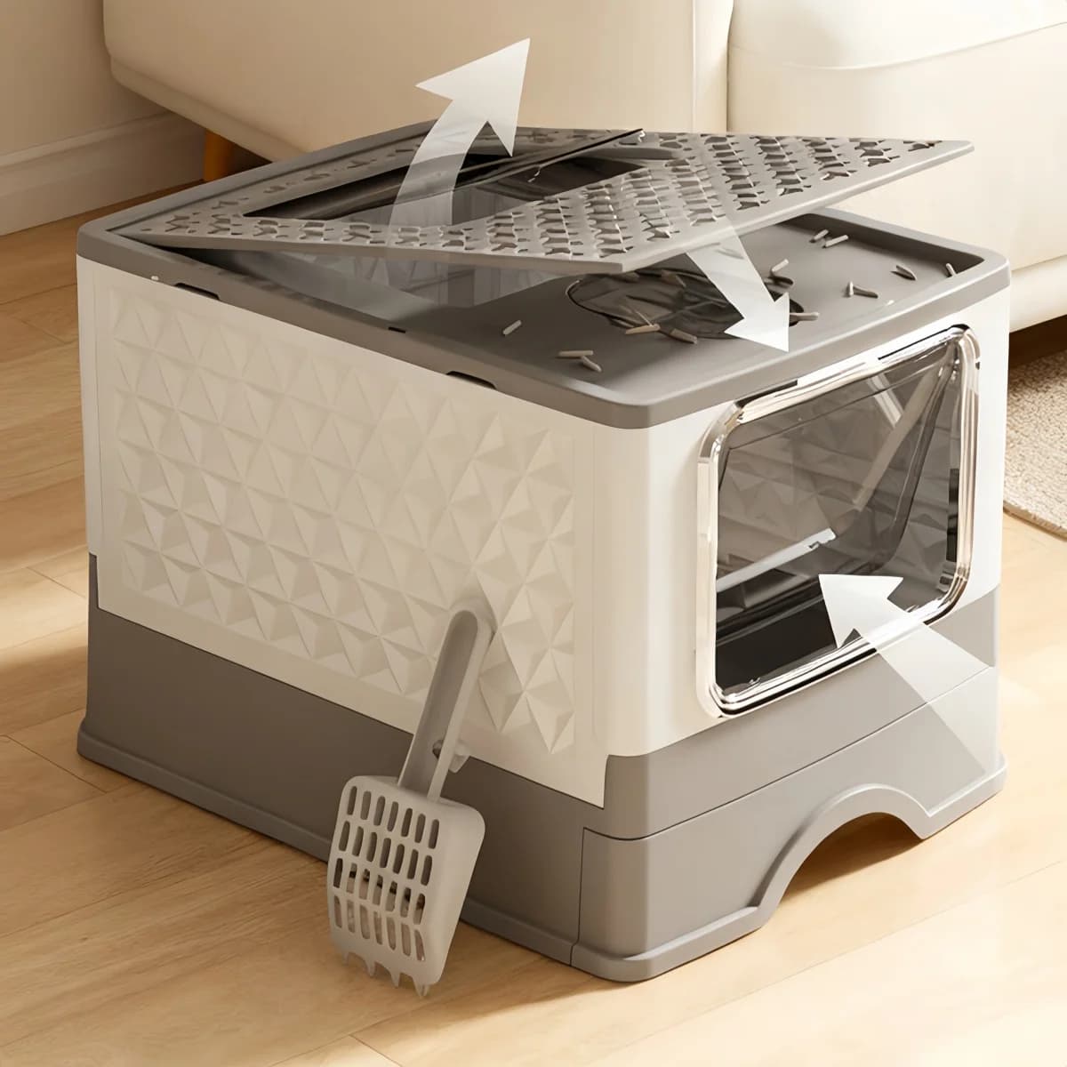 Lettiera per Gatti Pieghevole 53x43.5x40CM con Cassetto, Ampio Spazio, Ingresso Superiore e Uscita Frontale, Anti-Schizzi