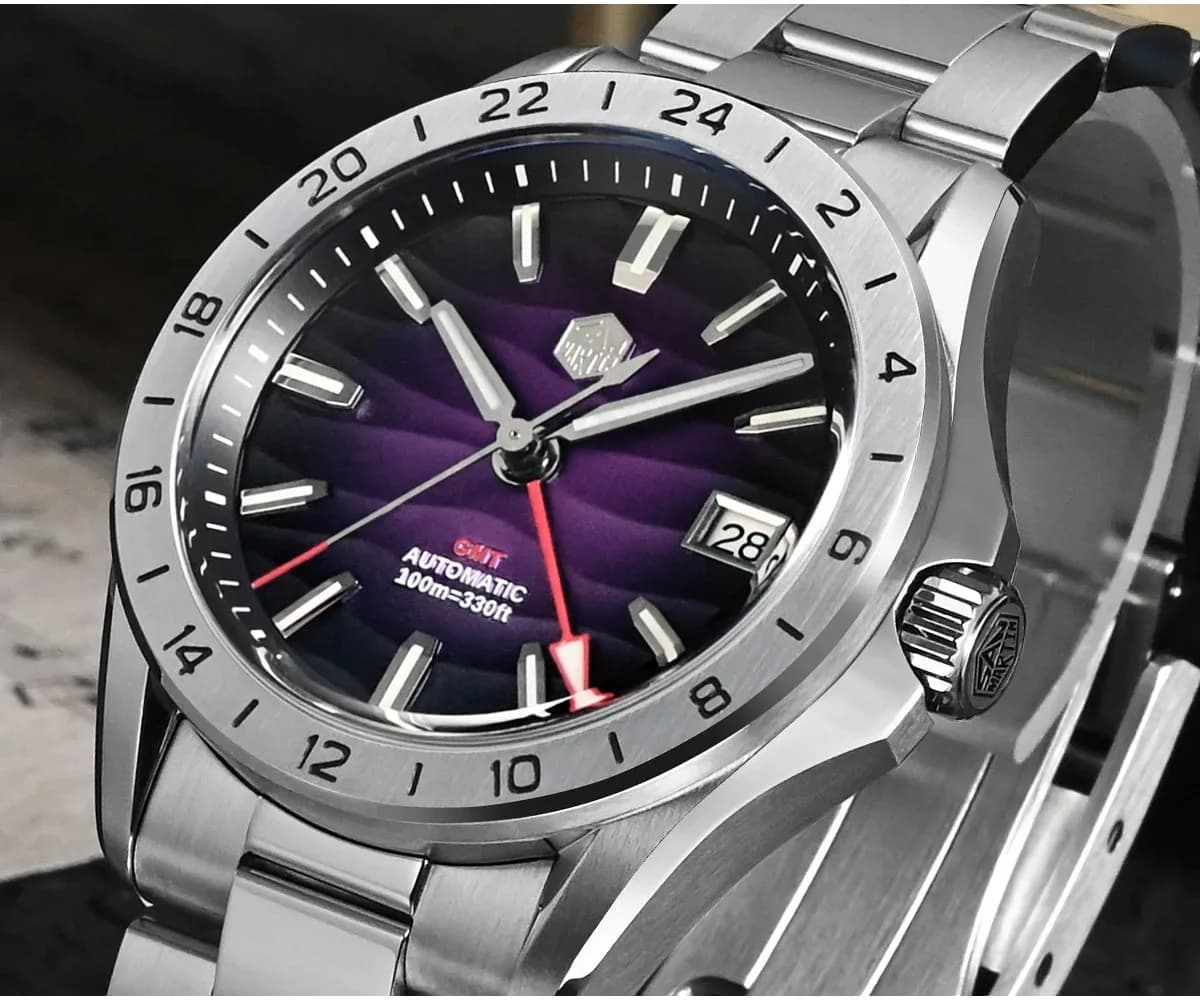 San Martin Watch GMT Men's Watch 39mm Automatic mechanical wristwatch 10ATM Waterproof Bright sapphire NH34 Dial with Desert texture