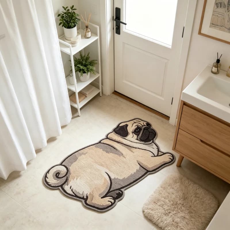 VIKAMA Lying Pug Dog Shaped Long Floor Mat 2D Cartoon Print Non Slip Absorbent Bathroom Bedroom Irregular Decor Rug