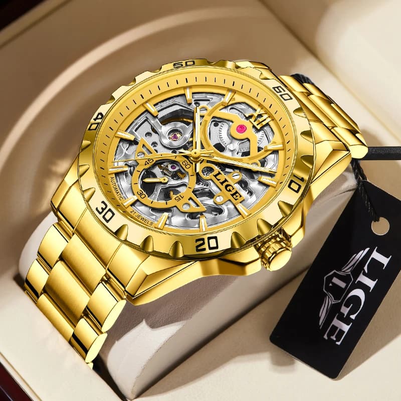 Orologio da uomo meccanico di lusso LIGE, orologio da uomo casual con quadrante scheletrato, in acciaio inossidabile, impermeabile e luminoso, di alta moda e business.