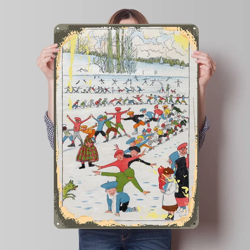 Scena di pattinaggio su ghiaccio invernale Immagini di poster in metallo Decorazione da parete Soggiorno Targhe in metallo personalizzate per la decorazione della camera dei bambini