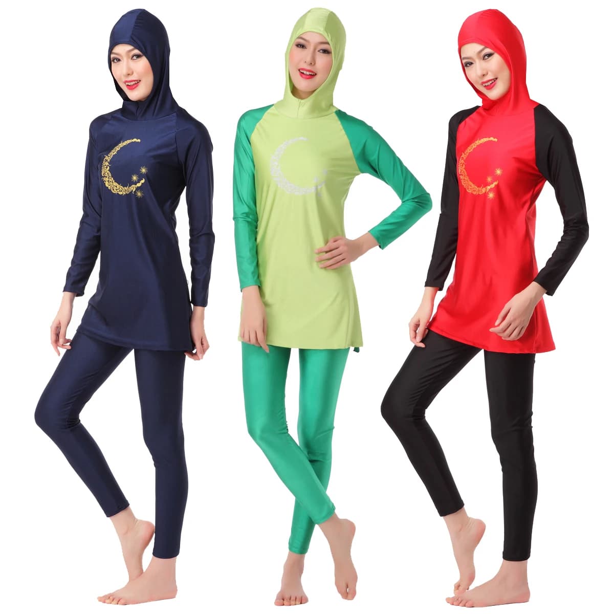 XS-3XL Thin Muslim Bathroom Burkini for Women Islamic bath costume with modest full cover in 2 pieces with hood Moon and star print Fast drying
