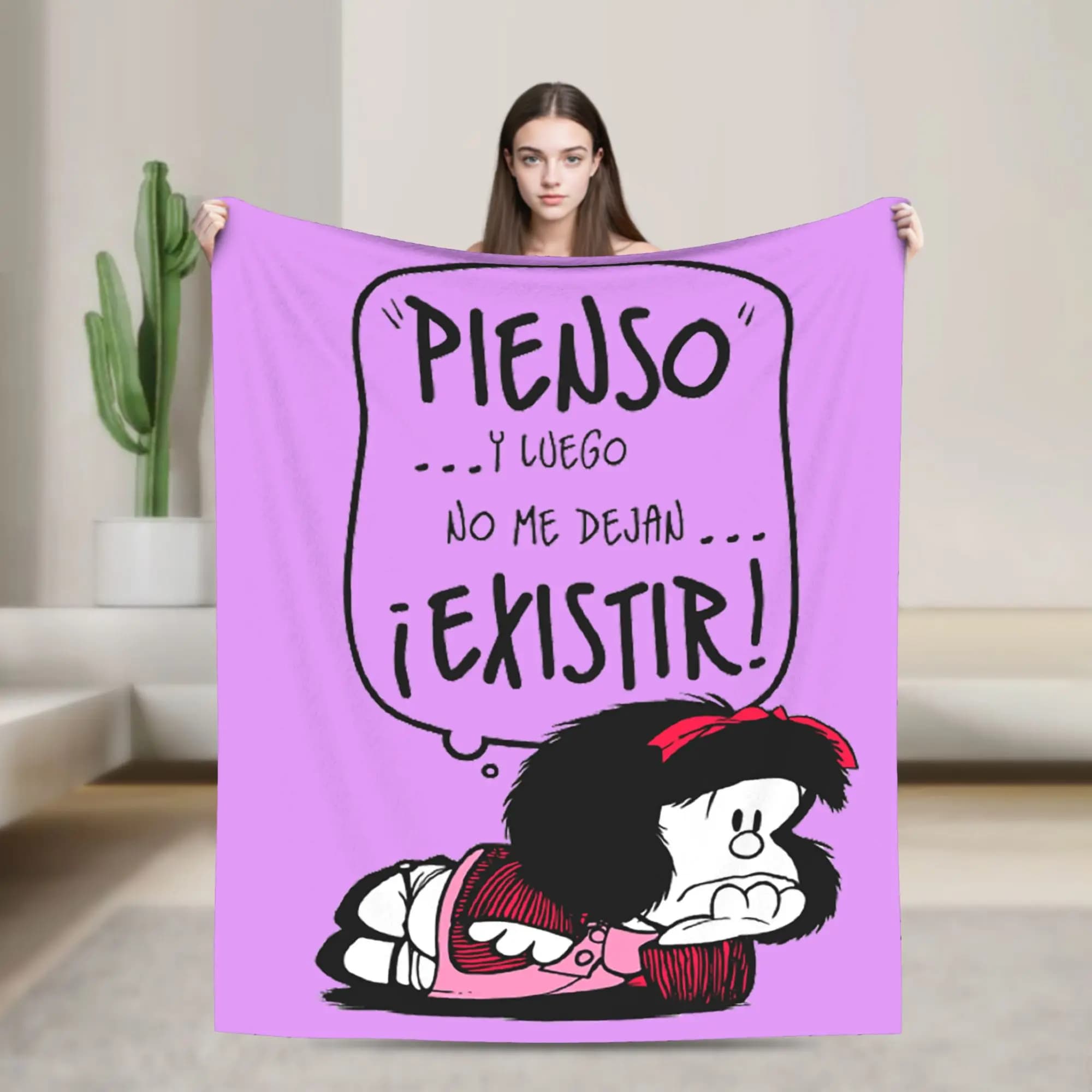 Coperta in peluche divertente e traspirante con frasi umoristiche di Mafalda la Feminista, ideale per letto e divano, autunno/inverno