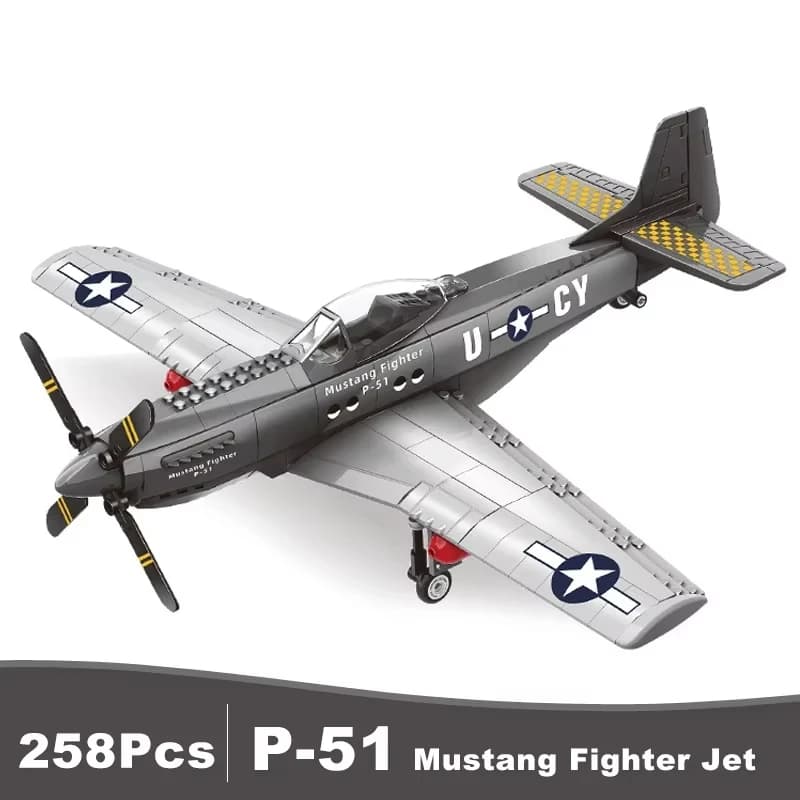 Modellino di Aereo Militare USA P-51 Mustang, Blocchi da Costruzione Tecnici, Mattoncini per Aeromobili e Armi, Giocattoli per Adulti