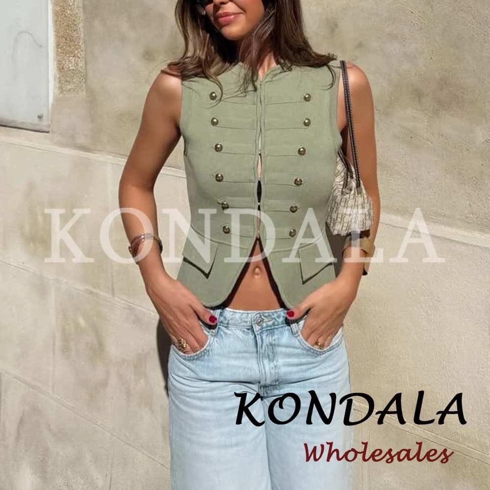 KONDALA 2026 Spring Women Casual Knitted Sleeveless Vest Fashion Single Breasted Vest Solid Green Elegant Female Knit Sweater
