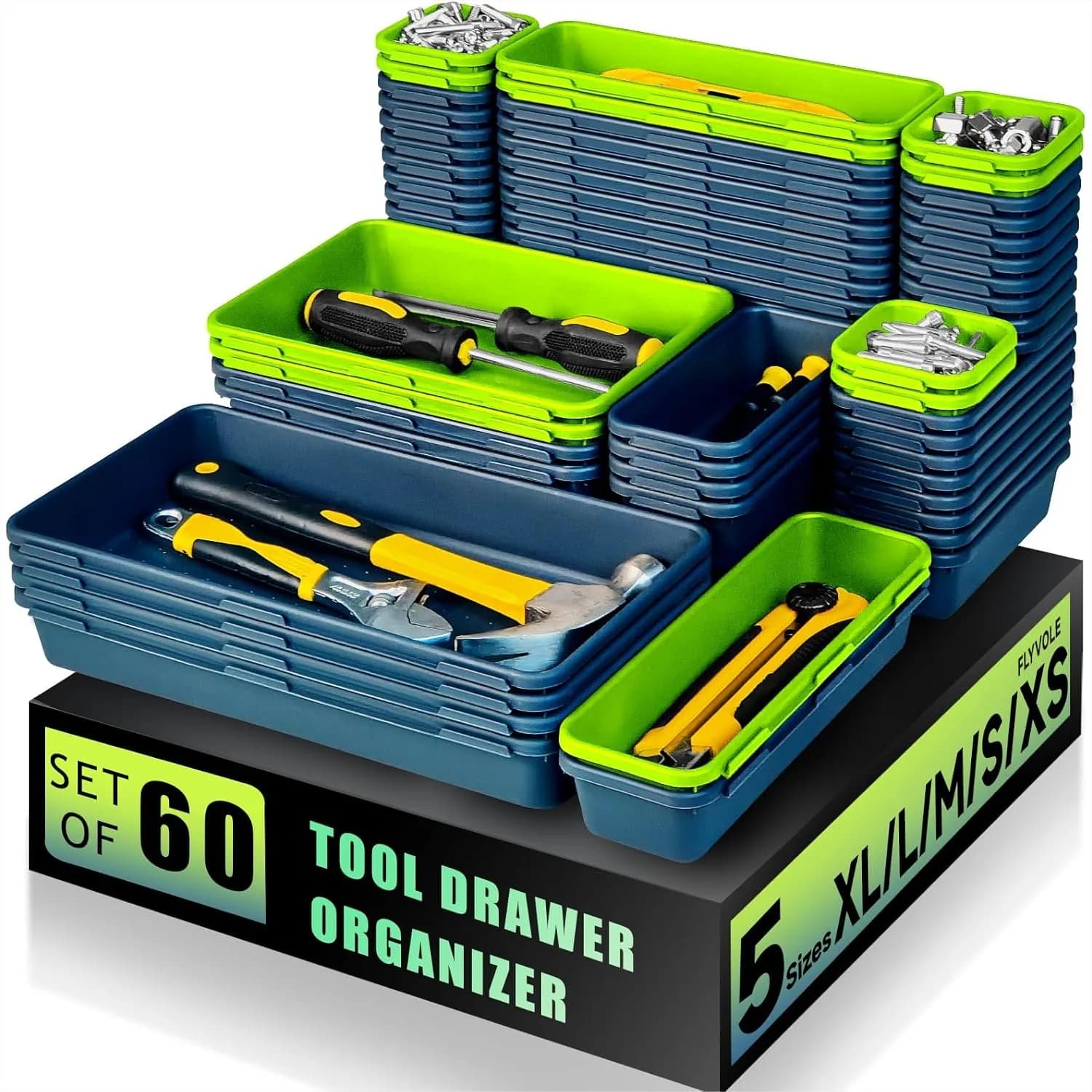 Organizzatore per Cassetta degli Attrezzi, 60 Pezzi di Contenitori a Incastro per Cassettiere, Scrivania e Garage, 5 Misure, Blu e Verde