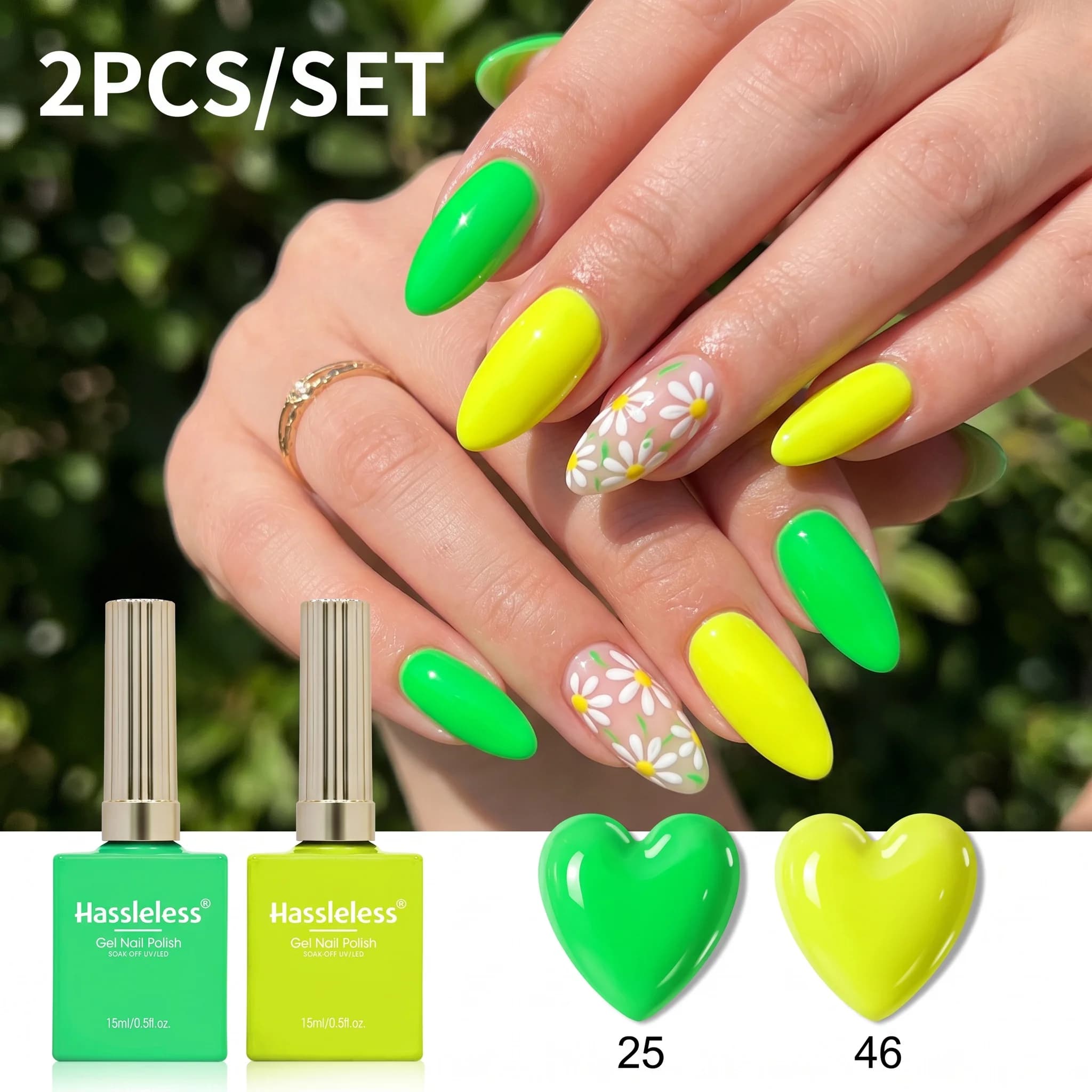 Il set di gel per unghie Hassleless da 2 pezzi presenta colori altamente saturati. Ogni flacone contiene 15 ml e offre un'eccellente lucentezza, perfetto per