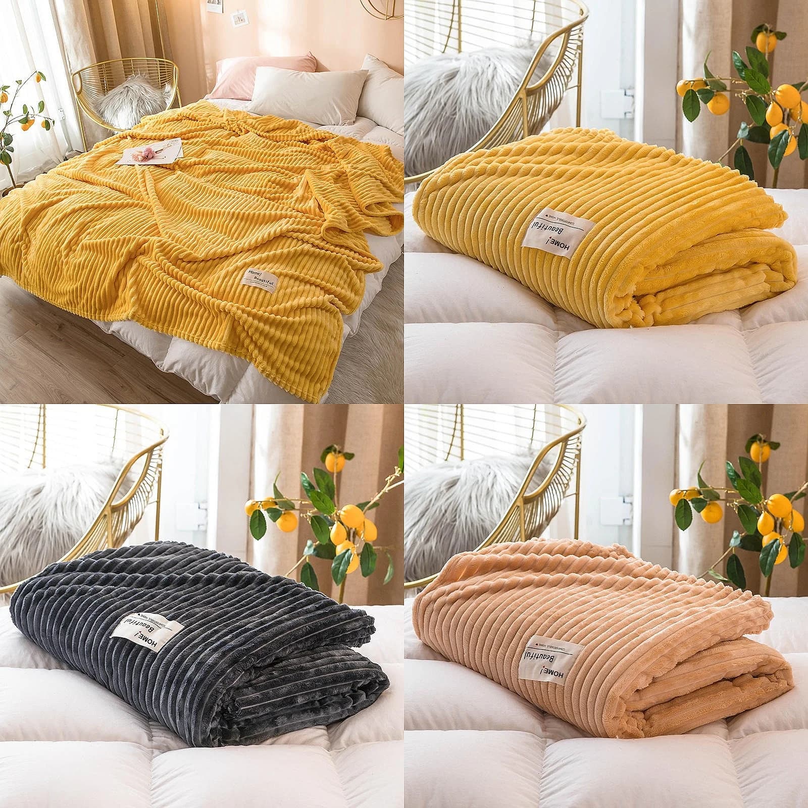300GSM Solid Yellow Flannel Blanket Soft Warm Cozy Thick Square Throw Blanket for Bed Sofa Couch