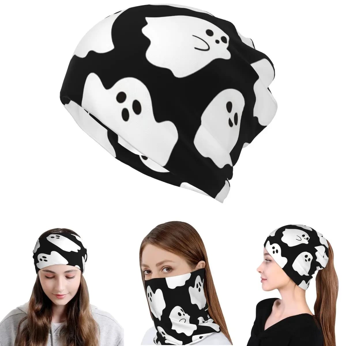 Spooky Ghost Halloween Cartoon Pattern Bandana Neck Gaiter Wrap Mask Scarf Multi-use Headwear Beanies Hat Unisex Breathable
