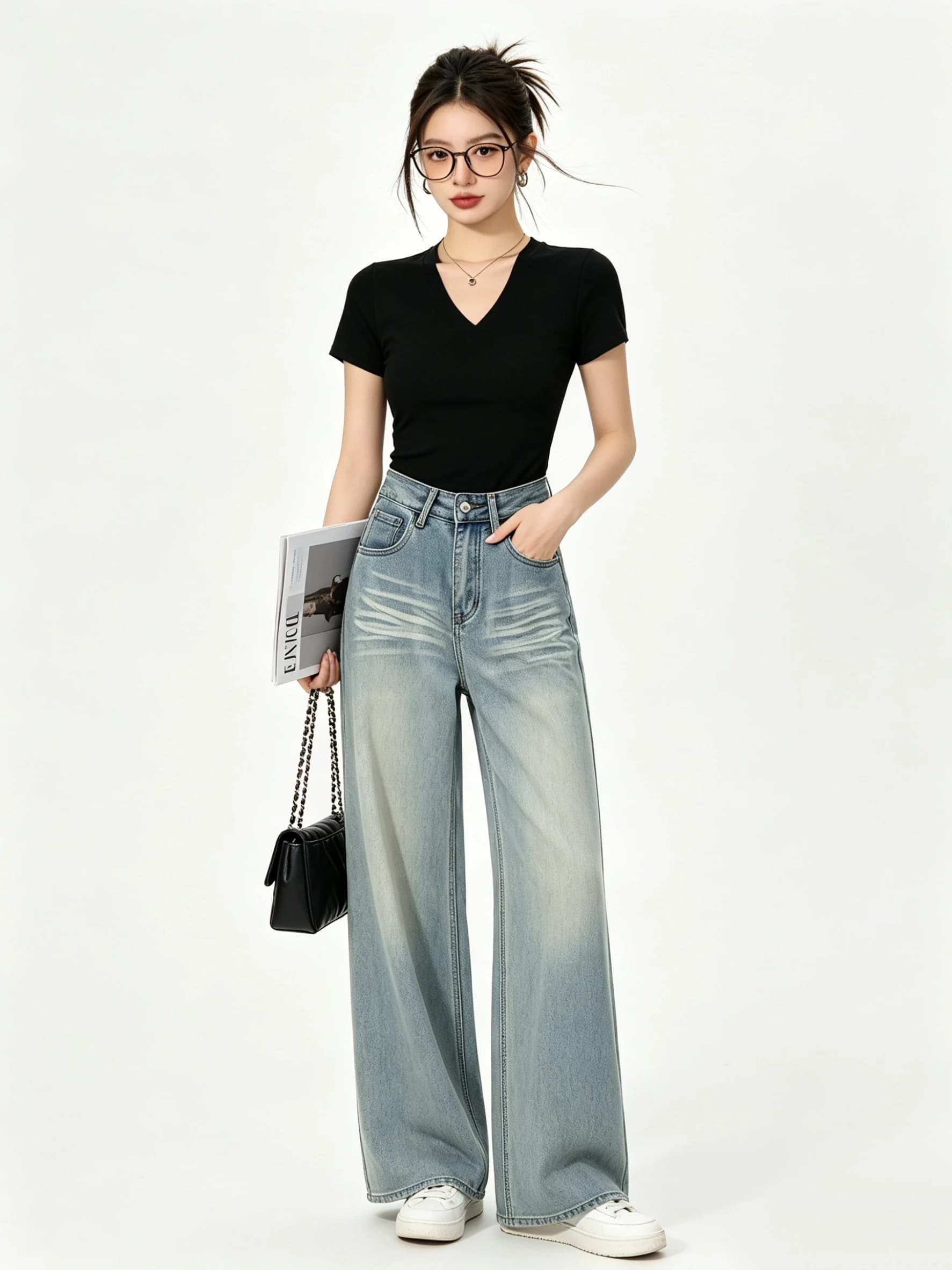 High Waist Wide Leg Denim Jeans Women's Loose Floor-Length Pants Summer New Style Korean Washed Blue Gradient Slimming
