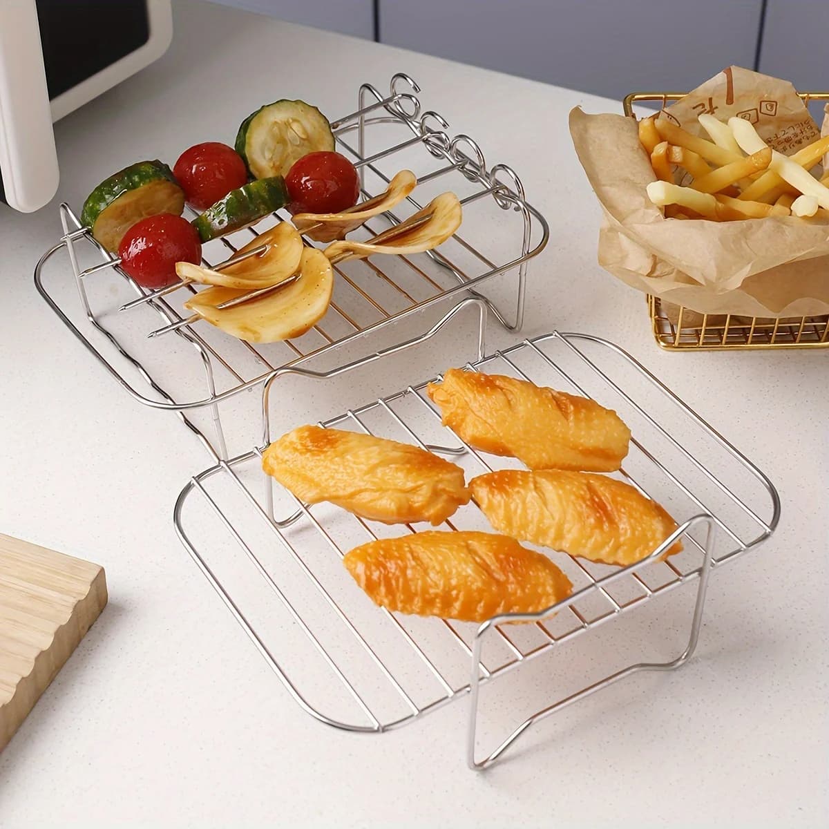 Griglia per Friggitrice ad Aria, Supporto Impilabile per Spiedini, Porta Utensili in Acciaio Inox, Griglia BBQ a Doppio Piano, Accessori da Cucina Durevoli
