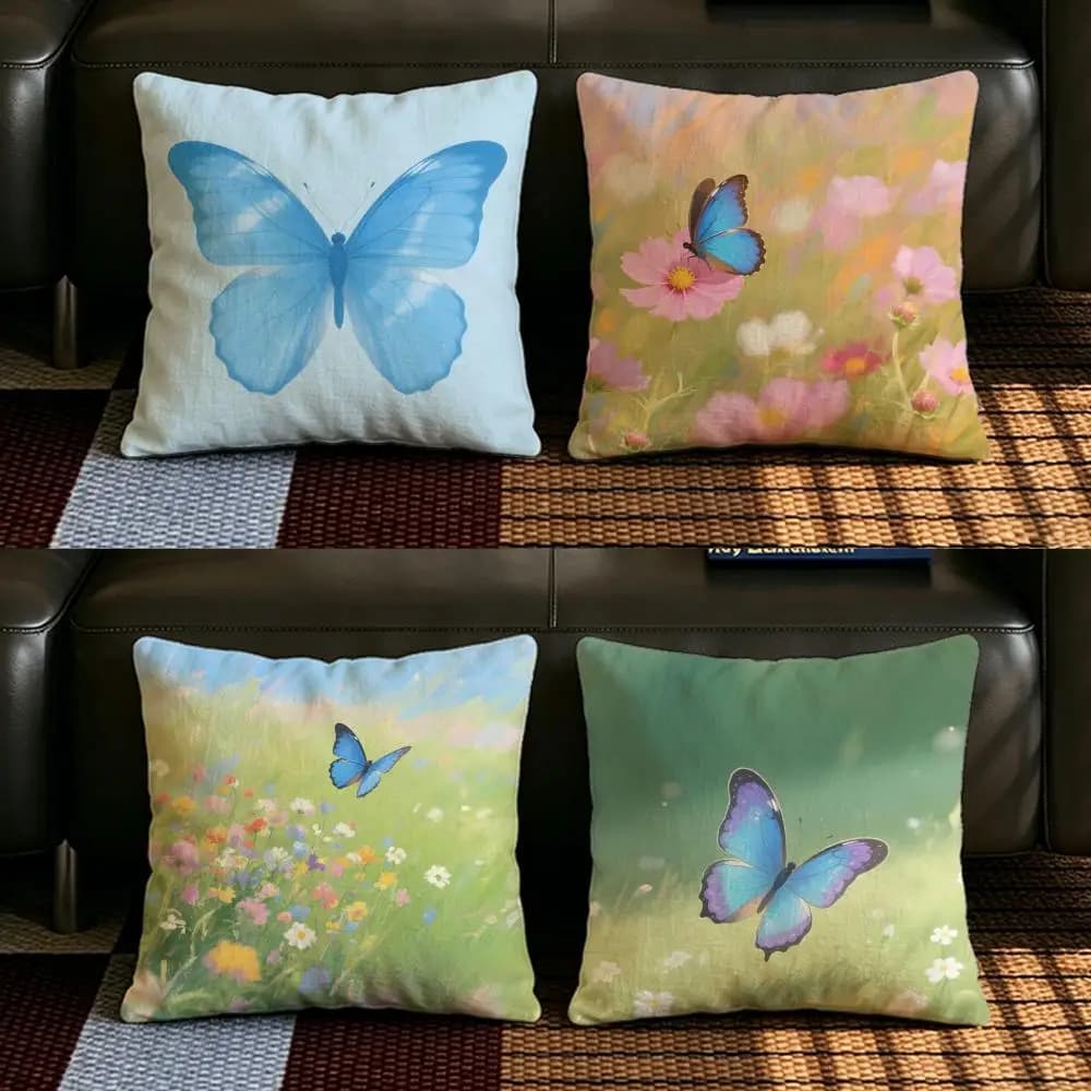 Set di fodere per cuscini in lino naturale, decorazione completa per divano, camera da letto e sedia B-Blue butterflyS