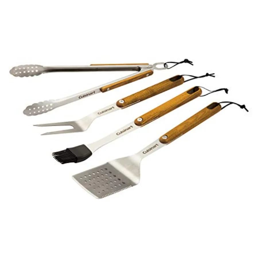 Set di 4 Utensili per Barbecue Cuisinart CGS-1100 con Pinze Bloccabili, Forchetta, Pennello per Marinare, Manico in Legno di Frassino