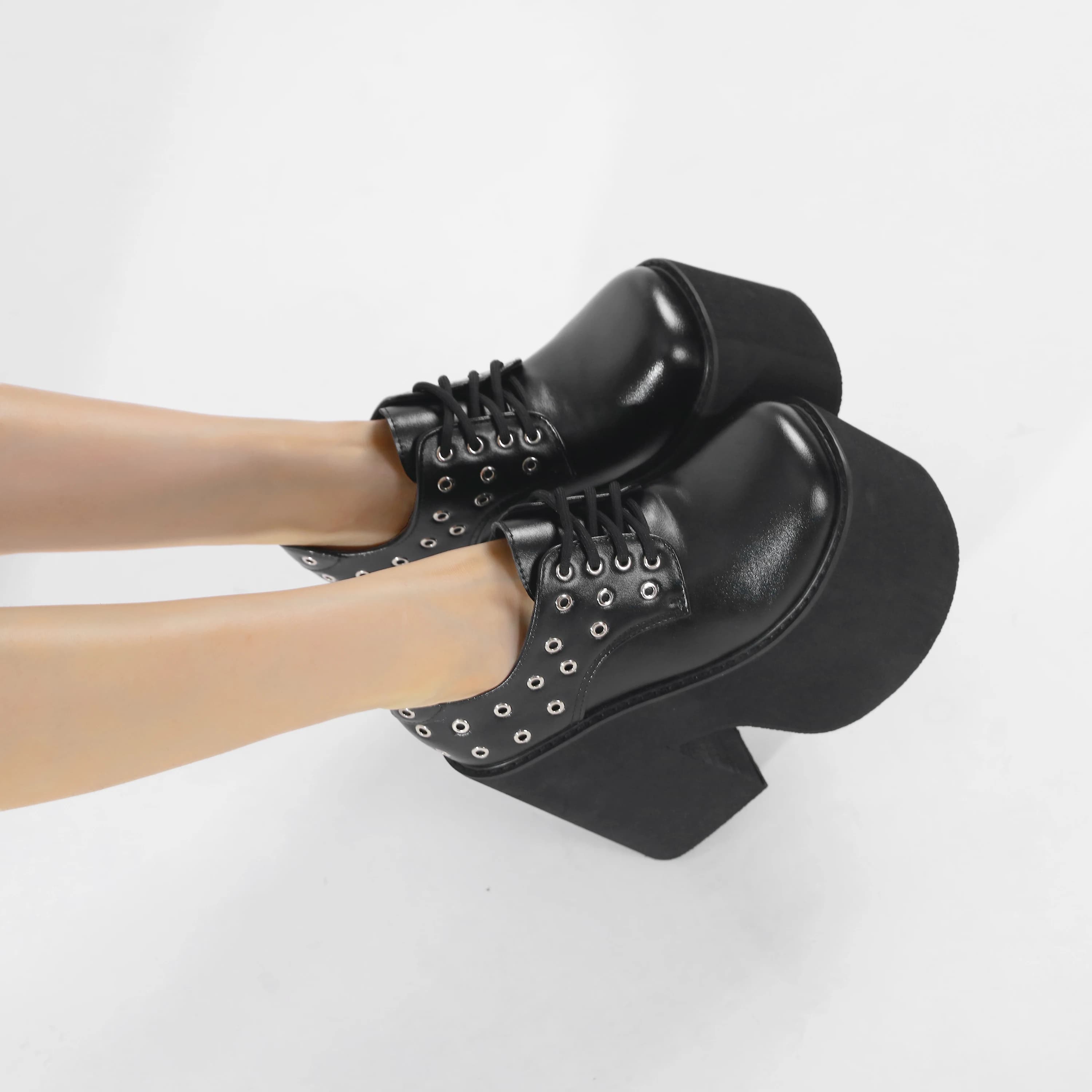 Gdgydh black high heels shoes for women fashion rivet block heel party shoes lace up women pumps increased height platform heels