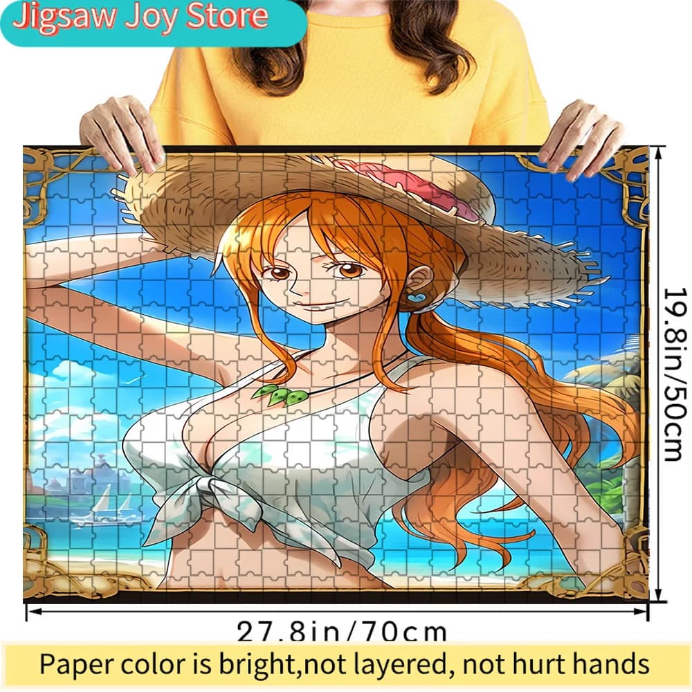 Puzzle in carta artistica One Piece con scena di spiaggia e Nami con cappello di paglia, personaggio anime navigatore dai capelli arancioni, regalo da collezione per i fan