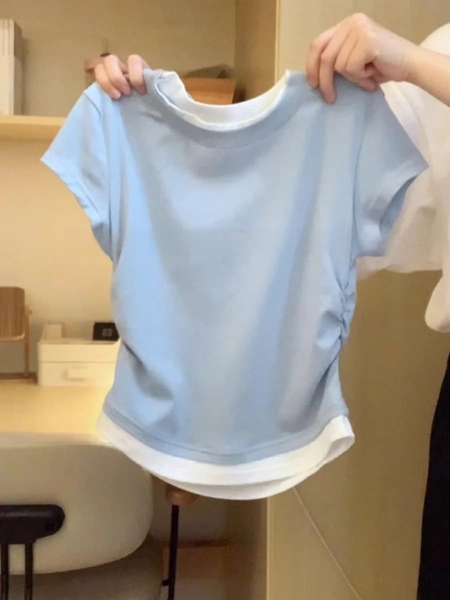 T-shirt girocollo a maniche corte effetto due pezzi, da donna, estiva, nuova, aderente, stile coreano, corta, dolce e piccante.