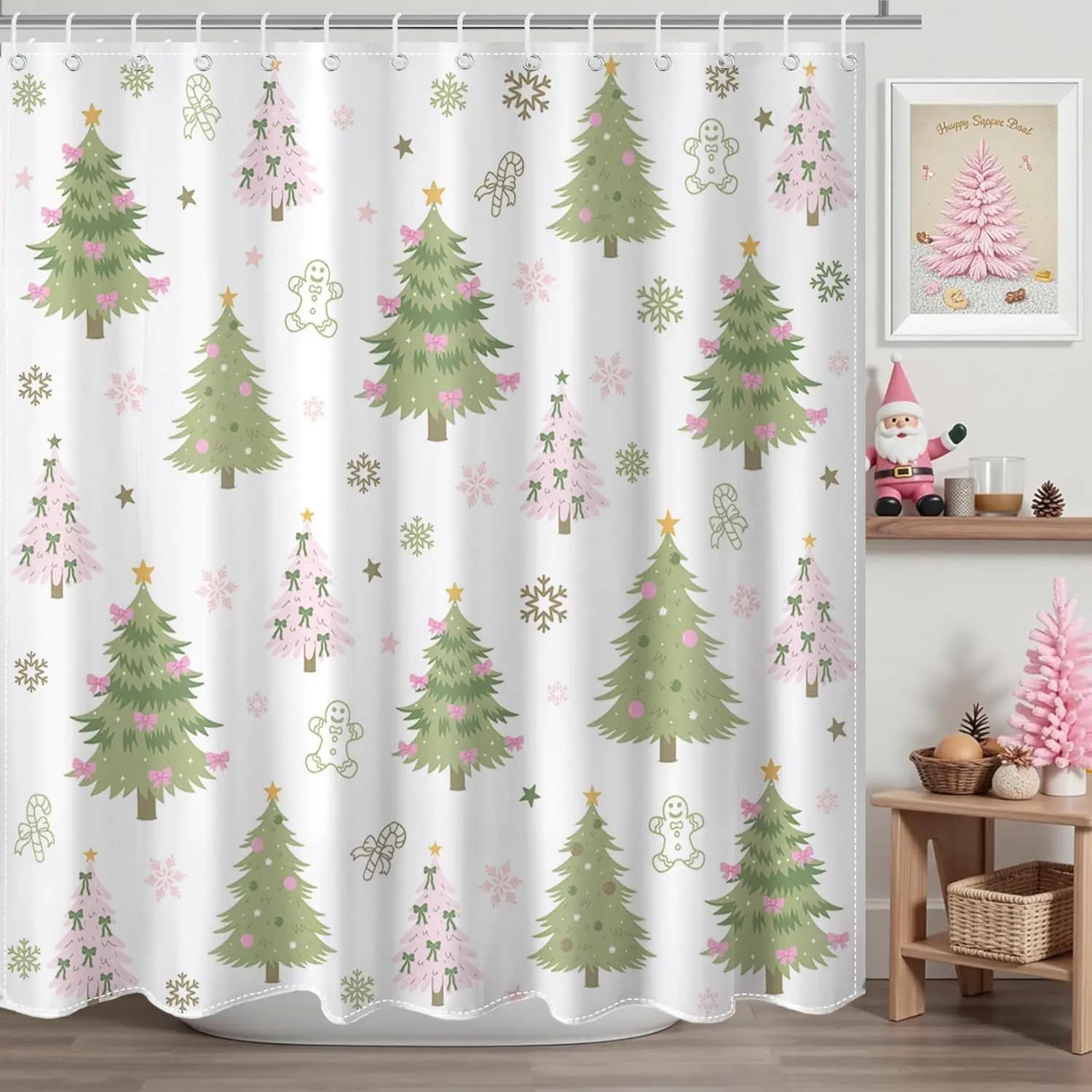 Tenda da doccia natalizia Tenda da doccia con fiocco per albero di Natale verde carino con 12 ganci Tenda da bagno impermeabile con stelle per albero di Natale e fiocchi di neve