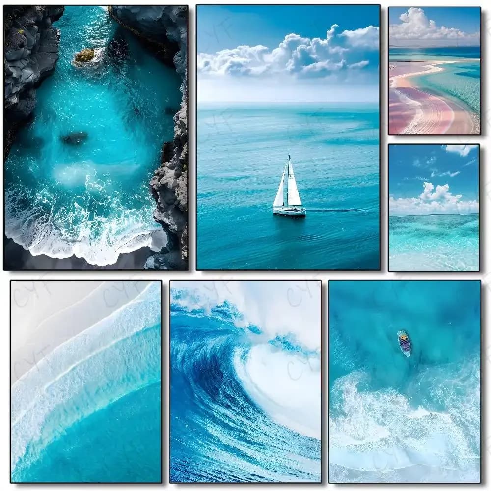 Beach Ocean Wave Poster Wall Art Printing Waterproof Home Living Bed Room Bar Aesthetic Decor