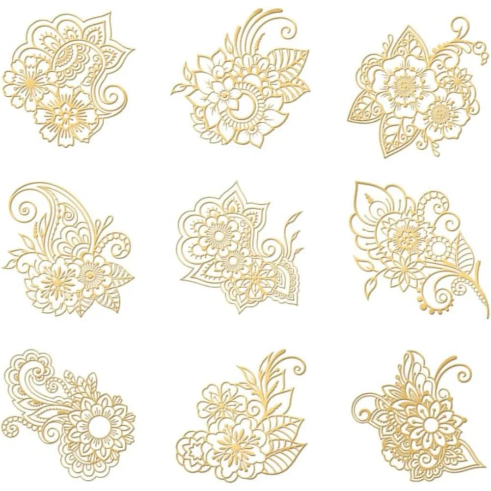 Golden Metal Flower Stickers - 9pcs 1.6x1.6 inch Self-Adhesive Henna Mandala Design Epoxy Stickers for DIY Scrapbooks making kit