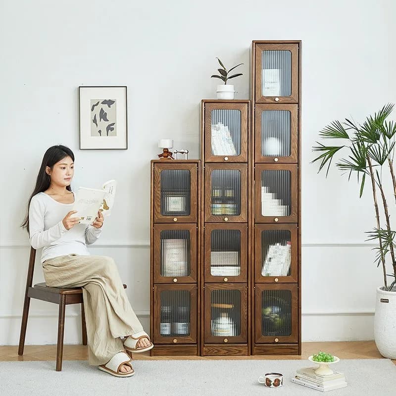 Woodworking Workshop Solid Wood Bookcase Flip Door Small Unit Crack Storage Display Cabinet Simple Ash Wood Collection Cabinet