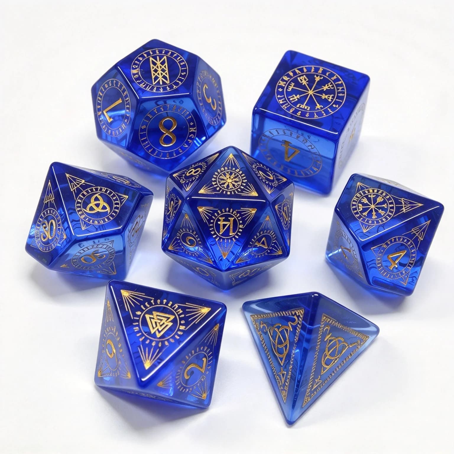 MINI PLANET K9 Crystal Glass Dice Set with Carving Pattern Blue Glass Dice Set for TRPG Dungeons&Dragons tabletop game 7pcs/set