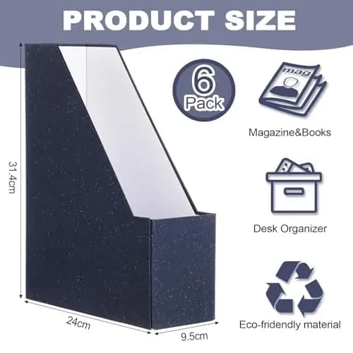 Six Blue Foldable Cardboard Magazine Holders With Clear Label Windows For Desk, Office, Classroom And Library Organization