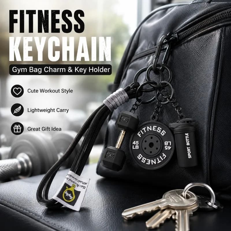 Fitness Keychain with Mini Dumbbell, Weight Plate and Sport Bottle Charms, Clip-On Wrist Strap for Keys Bags Backpacks