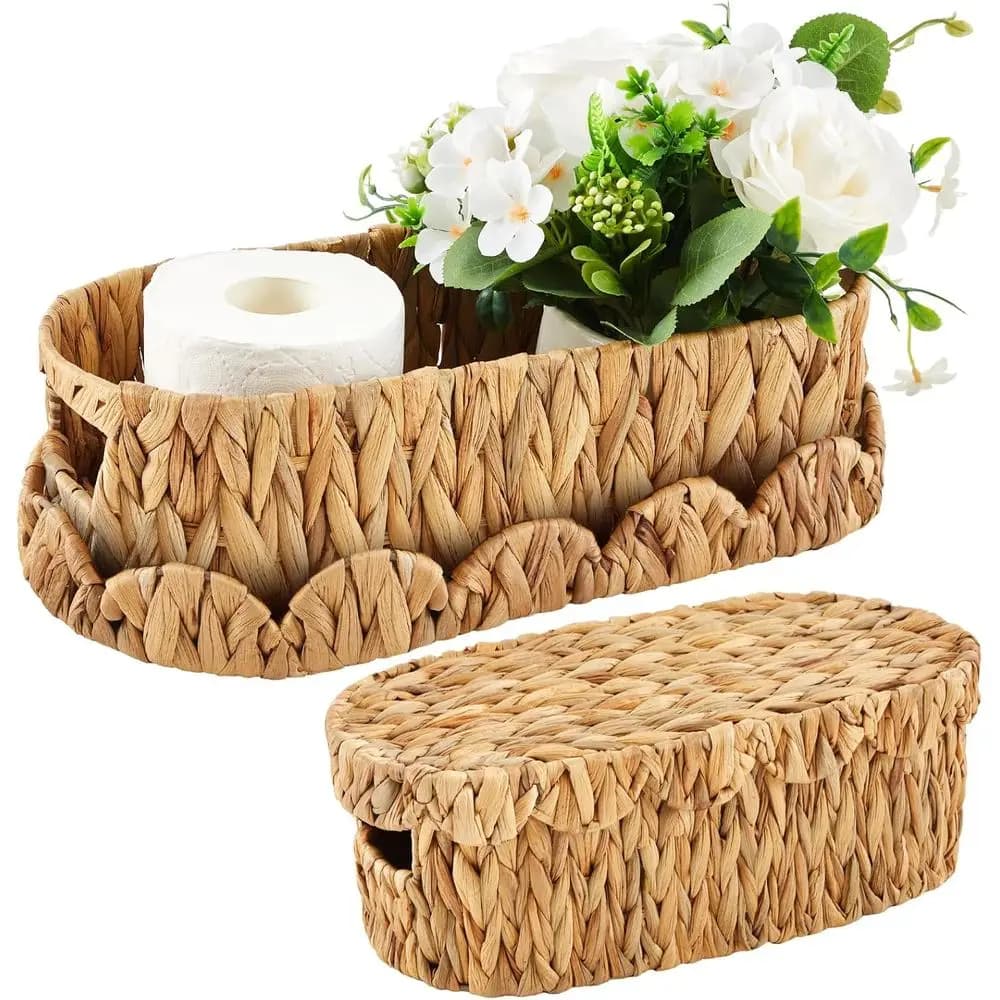 Porta carta igienica ecologico con coperchio, design a doppio cestello, vimini in giacinto d'acqua, organizer da bagno in stile Boho Farmhouse