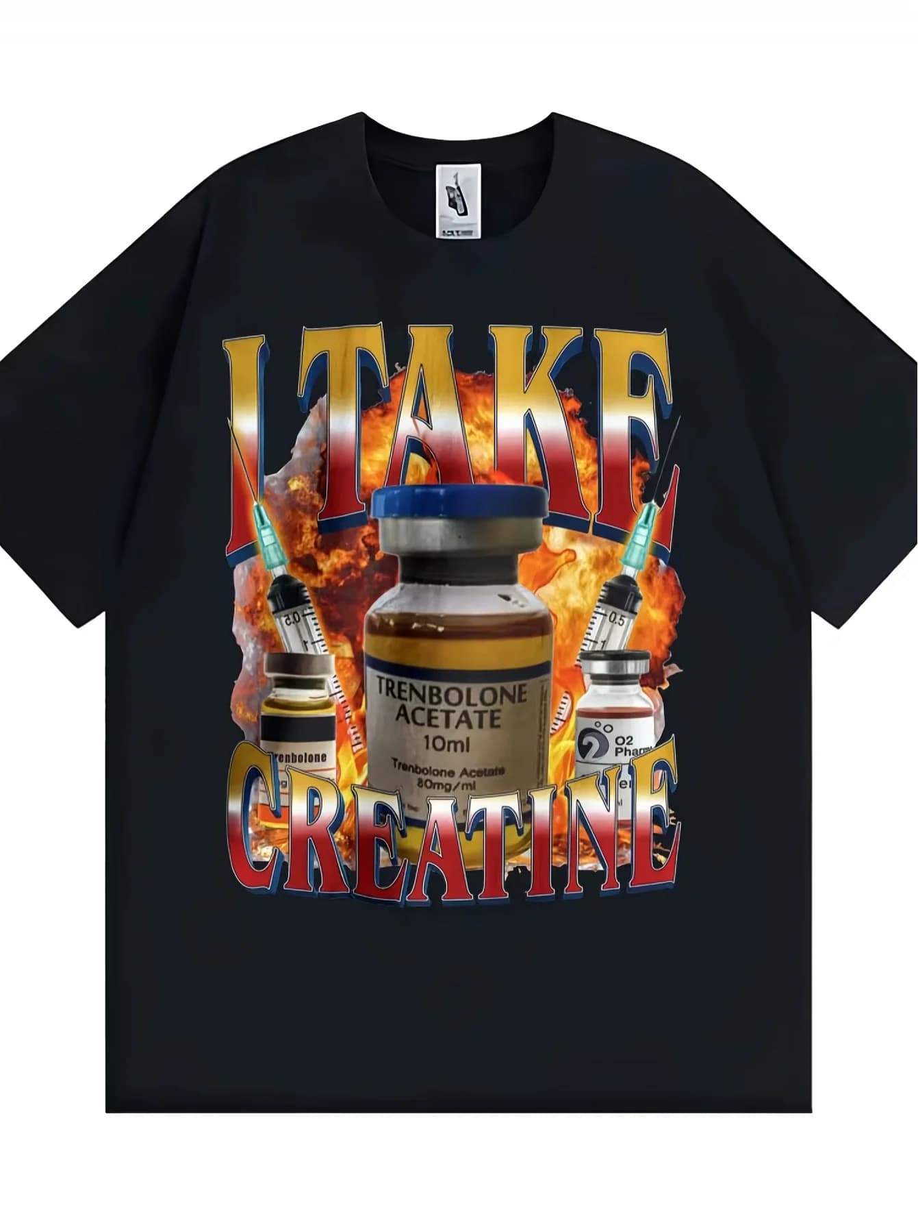 Funny men's fitness t-shirt with print “I Take Creatine” - With steroid themed graphics with reasons of Trembolone and Dianabol