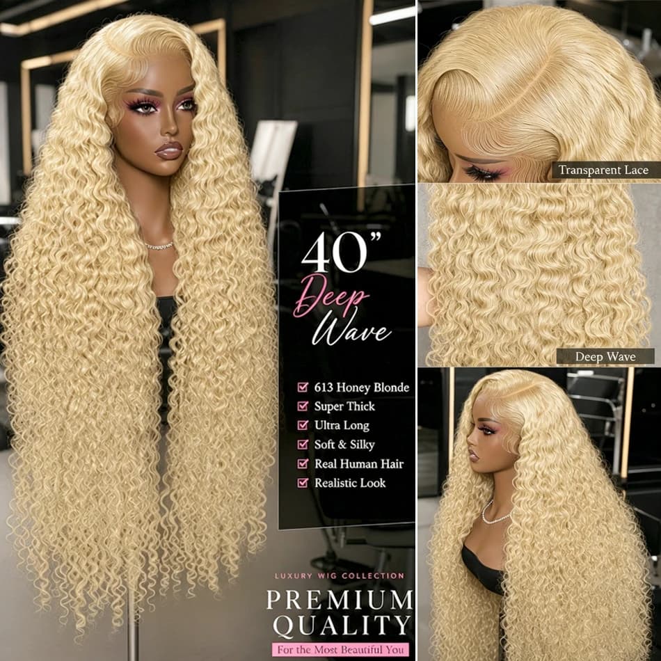 613 Human Hair Wig Deep Wave Curly 13x6 Hd Lace Frontal Wig 40 Inch Water Wave Human Hair Wigs 13x4 Honey Blonde Lace Front Wig