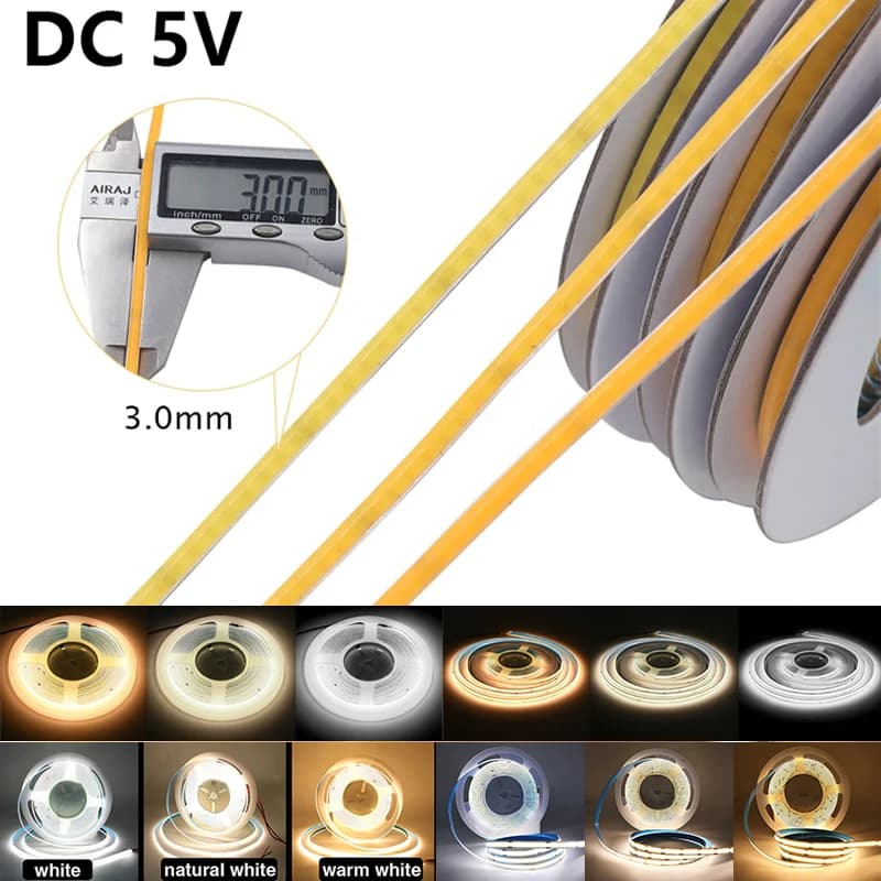 3mm Ultra Thin DC 5V COB LED Strip, High Brightness Flexible Lights for Bedroom, Kitchen, Counter and Party