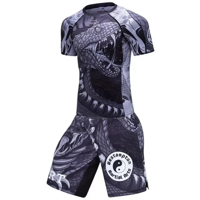 Set Rashguard MMA Snake Men: Maglia e Pantaloncini per Jiu Jitsu, T-shirt e Pantaloncini MMA, Set 4 Pezzi BJJ Boxe, Abbigliamento da Combattimento Sportivo