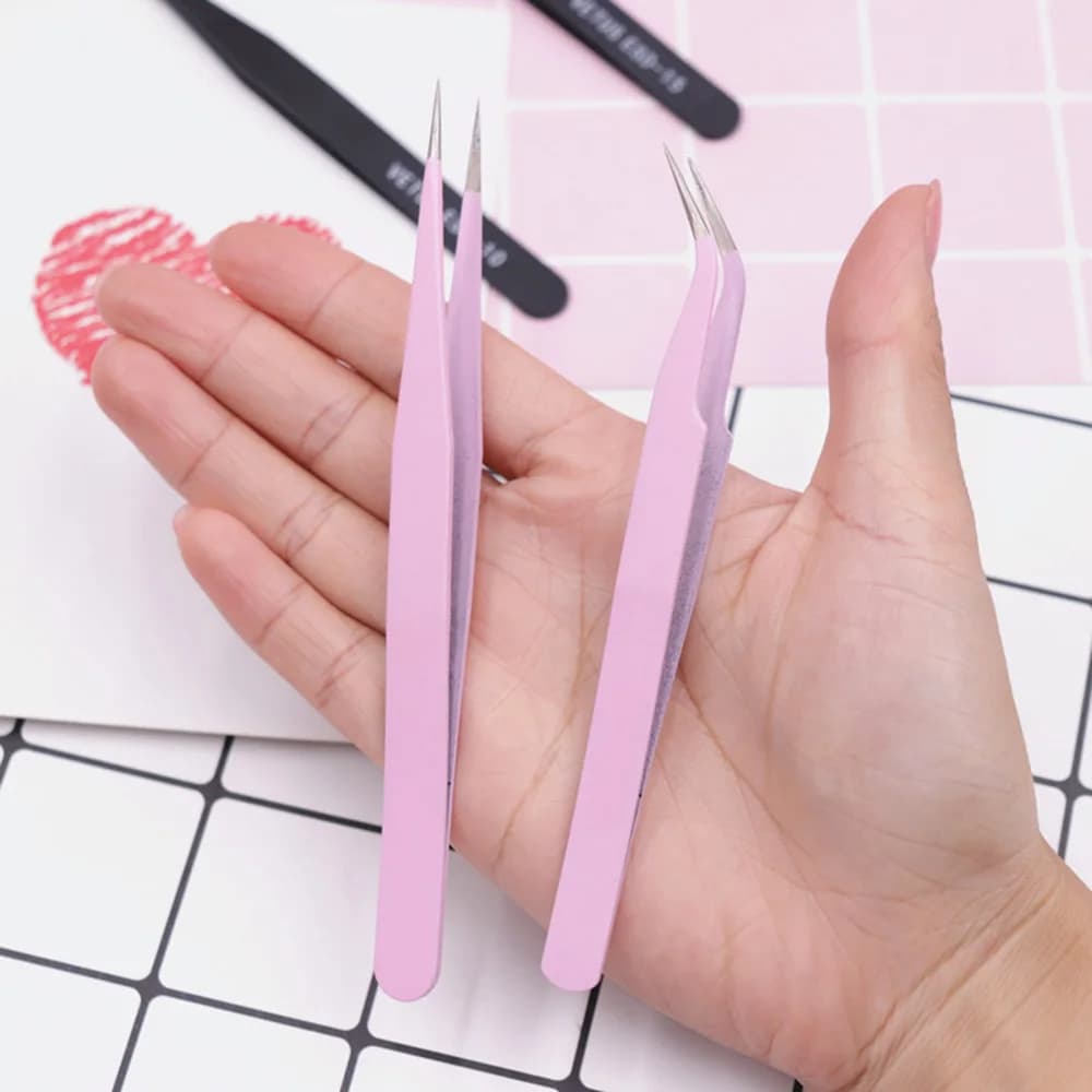 Pinzette per estensioni delle ciglia Pinzette per nail art in acciaio inossidabile Pinzette per piegare dritto rosa Manico antiscivolo Pinzette in acciaio inossidabile