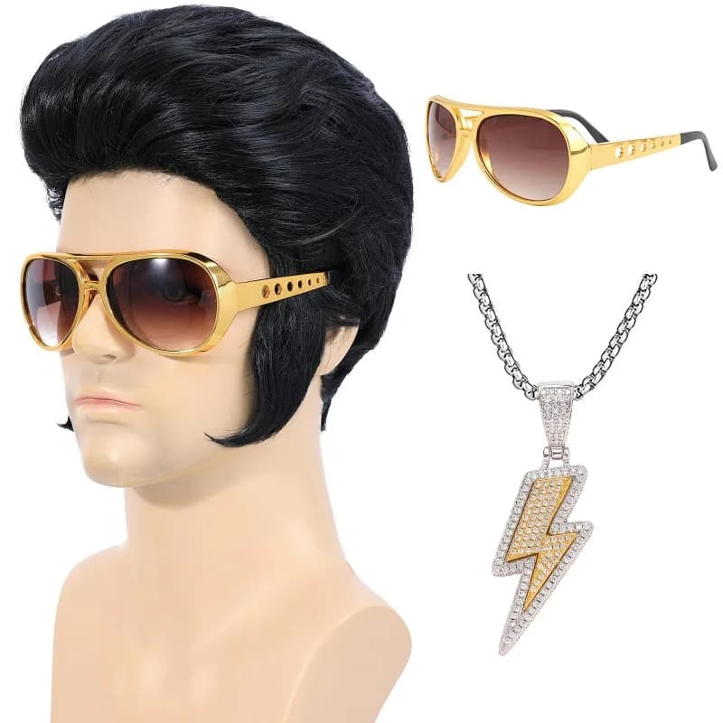 Set of 4 pieces 50's rock wig with sunglasses and necklace for men Rocker singer costume wigs for cosplay Halloween party (adults)